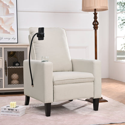 Poltrona reclinabile manuale moderna in tessuto beige con porta cellulare, portabicchieri e poggiapiedi