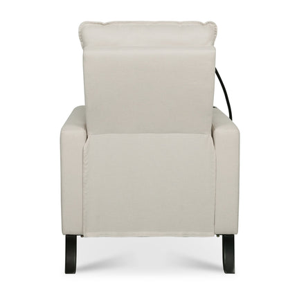 Poltrona reclinabile manuale moderna in tessuto beige con porta cellulare, portabicchieri e poggiapiedi