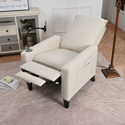 Poltrona reclinabile manuale moderna in tessuto beige con porta cellulare, portabicchieri e poggiapiedi