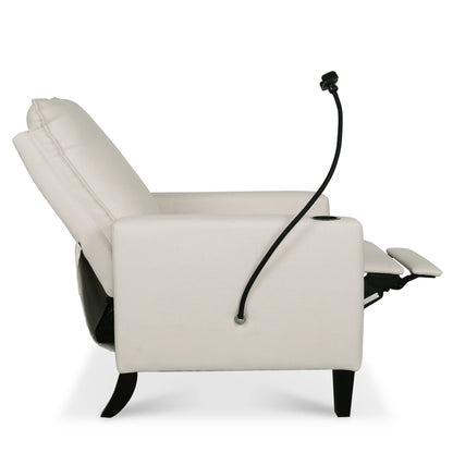 Poltrona reclinabile manuale moderna in tessuto beige con porta cellulare, portabicchieri e poggiapiedi