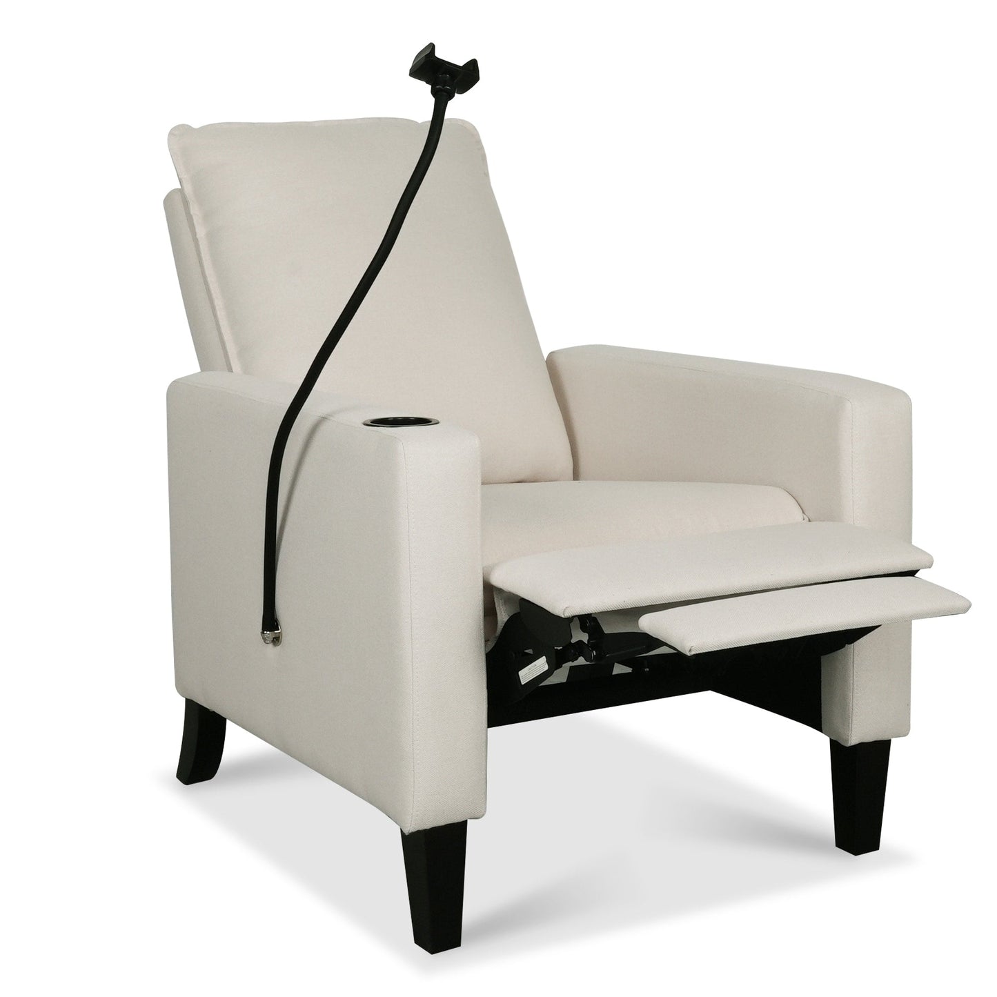 Poltrona reclinabile manuale moderna in tessuto beige con porta cellulare, portabicchieri e poggiapiedi