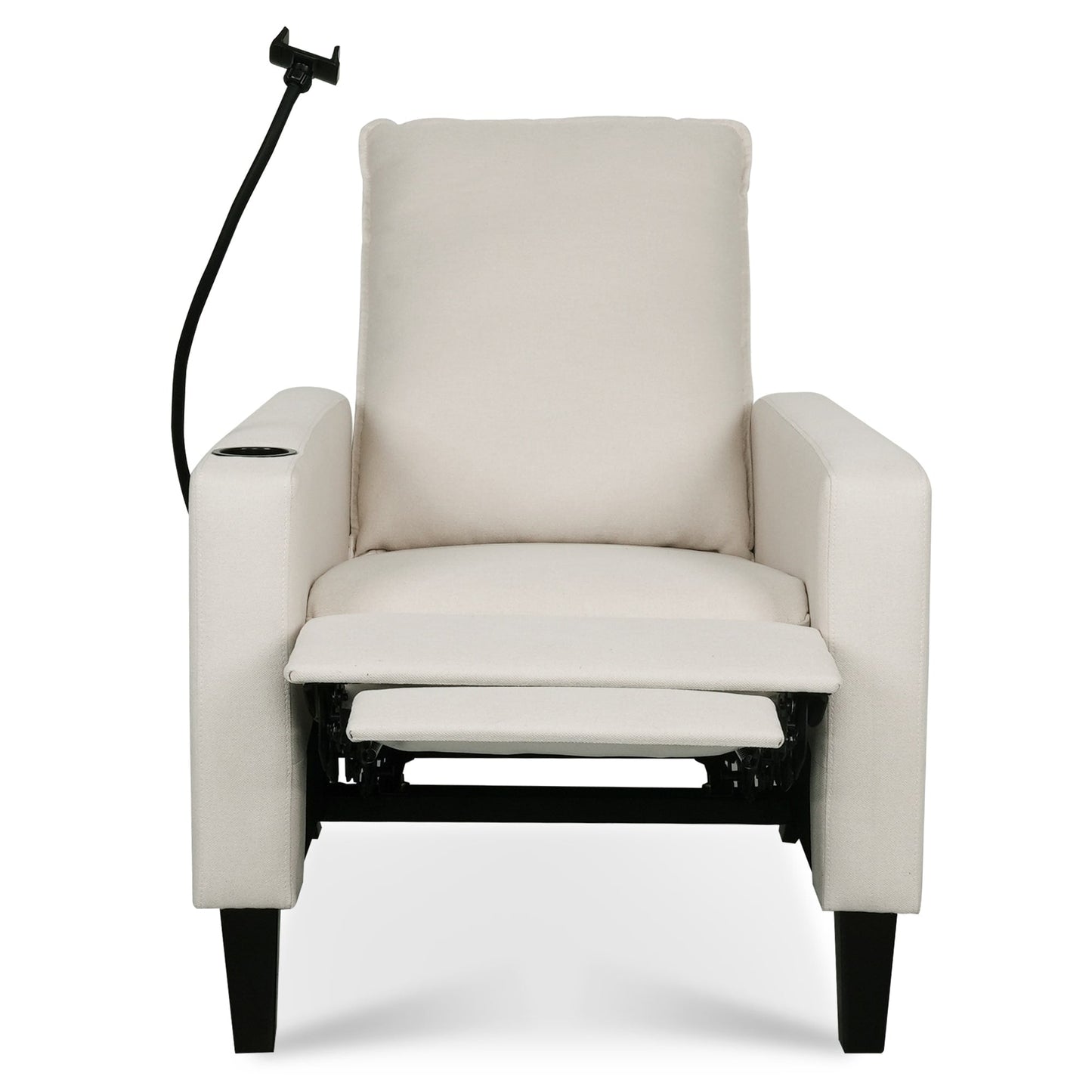 Poltrona reclinabile manuale moderna in tessuto beige con porta cellulare, portabicchieri e poggiapiedi