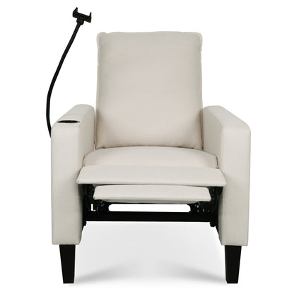 Poltrona reclinabile manuale moderna in tessuto beige con porta cellulare, portabicchieri e poggiapiedi