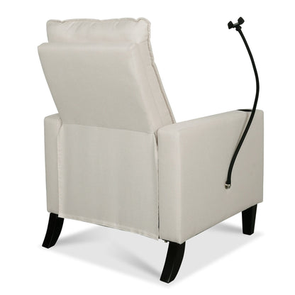 Poltrona reclinabile manuale moderna in tessuto beige con porta cellulare, portabicchieri e poggiapiedi