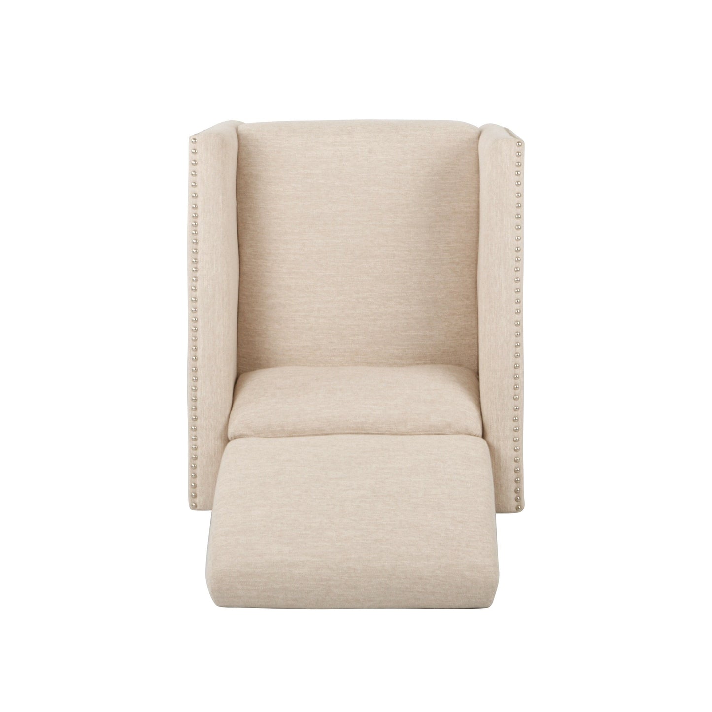 Poltrona reclinabile moderna in tessuto beige con poggiapiedi, dettagli con borchie e gambe in legno di betulla