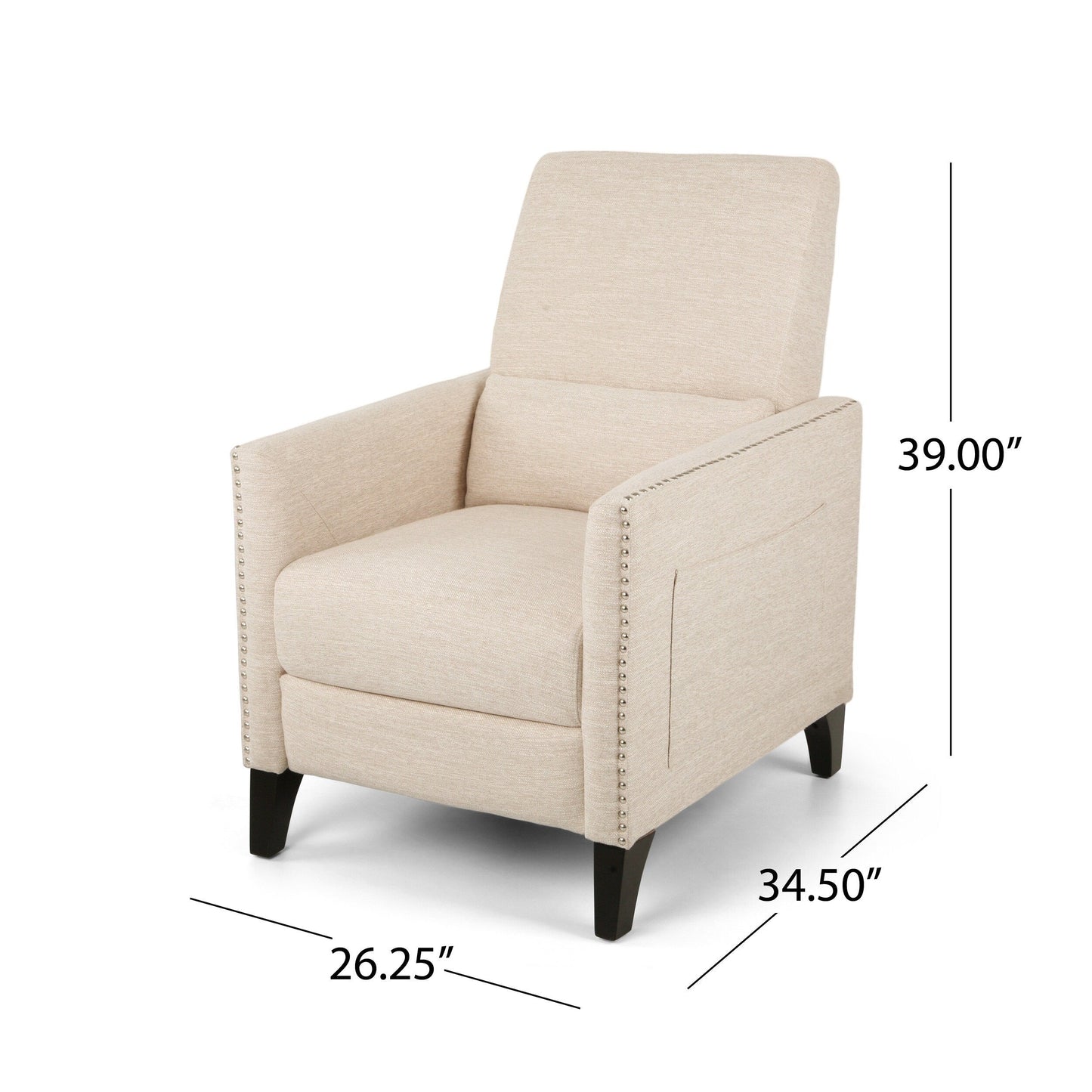 Poltrona reclinabile moderna in tessuto beige con poggiapiedi, dettagli con borchie e gambe in legno di betulla