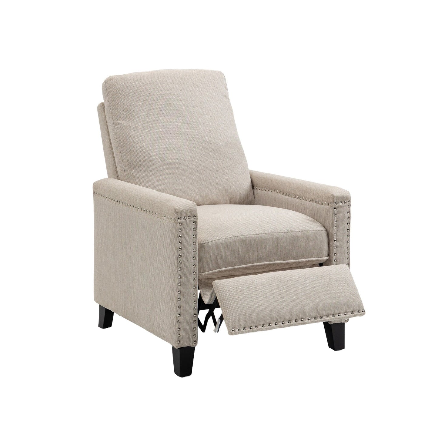 Poltrona reclinabile manuale moderna in velluto beige con cuscini e decorazione a borchie