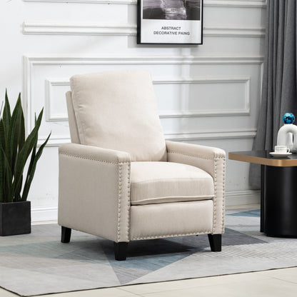Poltrona reclinabile manuale moderna in velluto beige con cuscini e decorazione a borchie