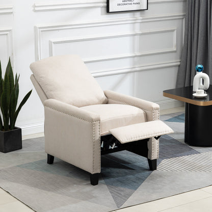 Poltrona reclinabile manuale moderna in velluto beige con cuscini e decorazione a borchie