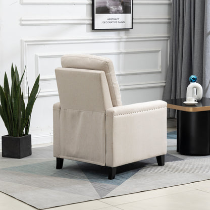Poltrona reclinabile manuale moderna in velluto beige con cuscini e decorazione a borchie