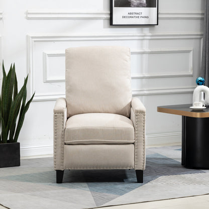 Poltrona reclinabile manuale moderna in velluto beige con cuscini e decorazione a borchie