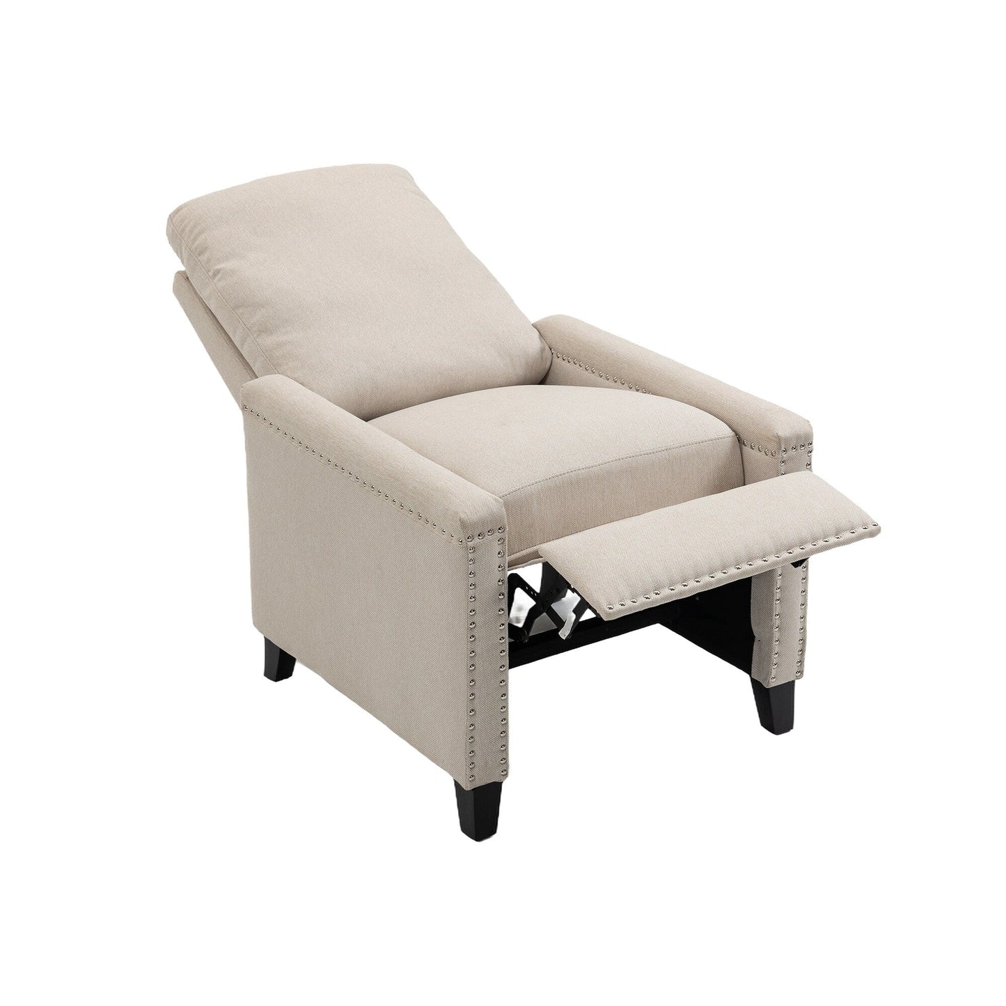 Poltrona reclinabile manuale moderna in velluto beige con cuscini e decorazione a borchie