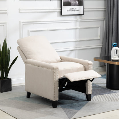 Poltrona reclinabile manuale moderna in velluto beige con cuscini e decorazione a borchie