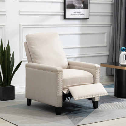 Poltrona reclinabile manuale moderna in velluto beige con cuscini e decorazione a borchie
