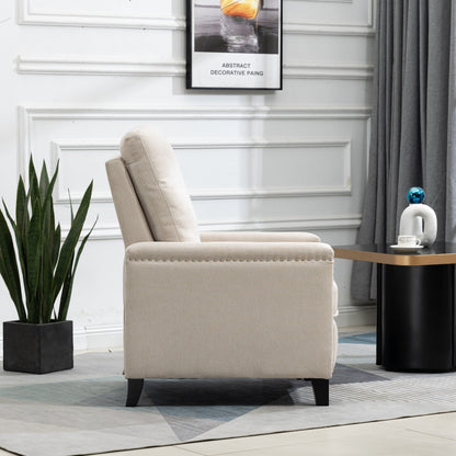 Poltrona reclinabile manuale moderna in velluto beige con cuscini e decorazione a borchie