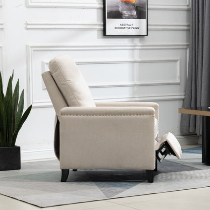 Poltrona reclinabile manuale moderna in velluto beige con cuscini e decorazione a borchie