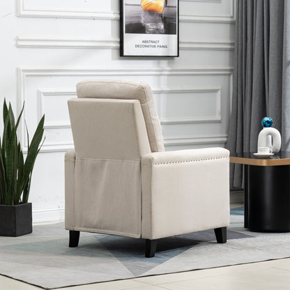 Poltrona reclinabile manuale moderna in velluto beige con cuscini e decorazione a borchie