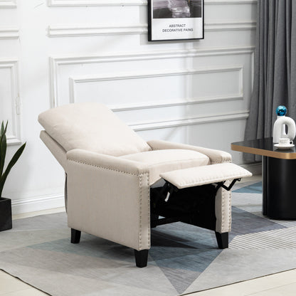 Poltrona reclinabile manuale moderna in velluto beige con cuscini e decorazione a borchie