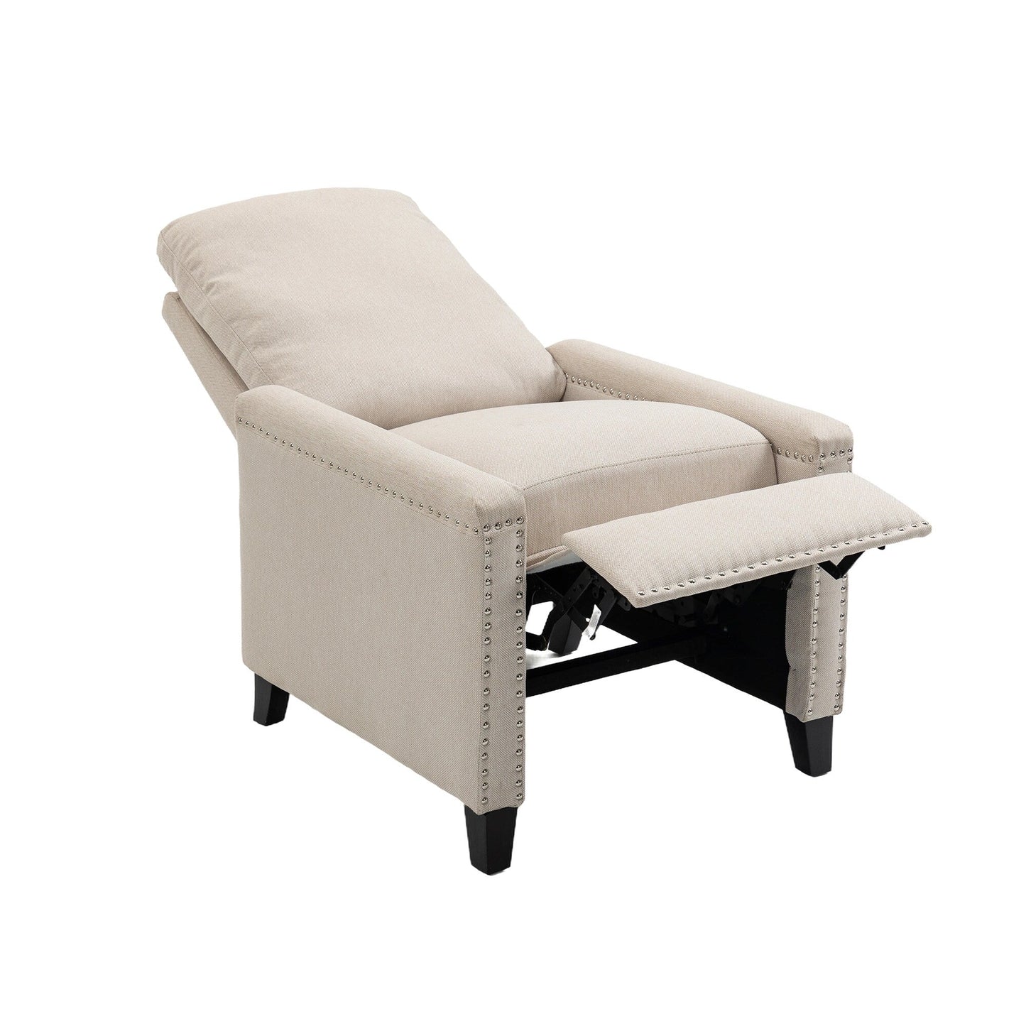 Poltrona reclinabile manuale moderna in velluto beige con cuscini e decorazione a borchie
