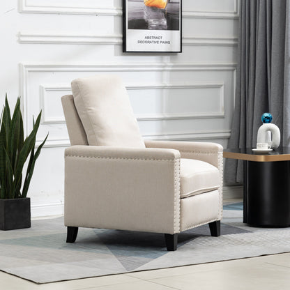 Poltrona reclinabile manuale moderna in velluto beige con cuscini e decorazione a borchie