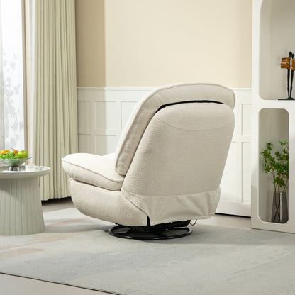 Poltrona reclinabile manuale girevole a 360° con poggiapiedi esteso e schienale imbottito in ciniglia beige di grandi dimensioni