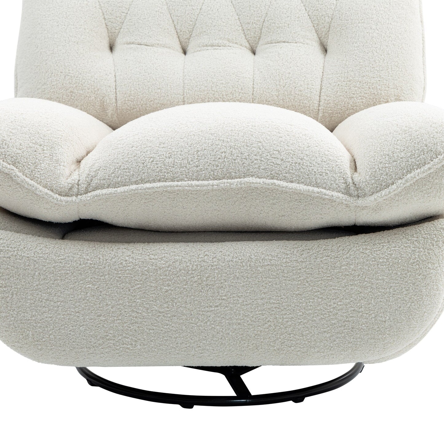 Poltrona reclinabile manuale girevole a 360° con poggiapiedi esteso e schienale imbottito in ciniglia beige di grandi dimensioni