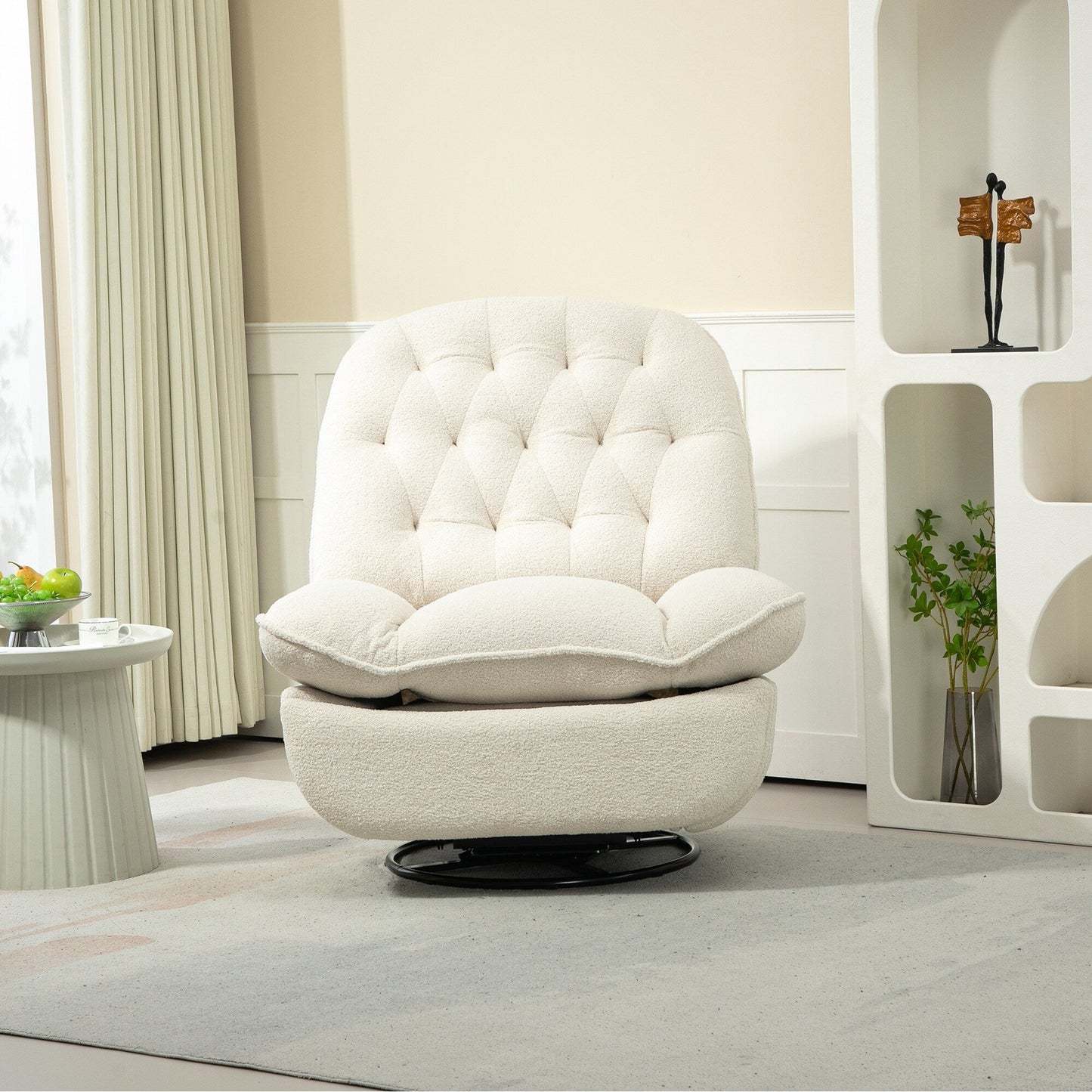Poltrona reclinabile manuale girevole a 360° con poggiapiedi esteso e schienale imbottito in ciniglia beige di grandi dimensioni