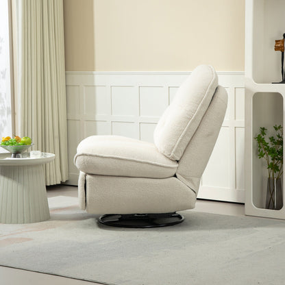 Poltrona reclinabile manuale girevole a 360° con poggiapiedi esteso e schienale imbottito in ciniglia beige di grandi dimensioni