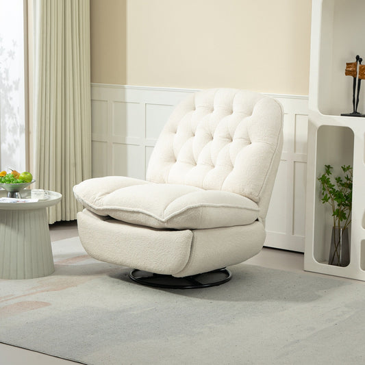 Poltrona reclinabile manuale girevole a 360° con poggiapiedi esteso e schienale imbottito in ciniglia beige di grandi dimensioni