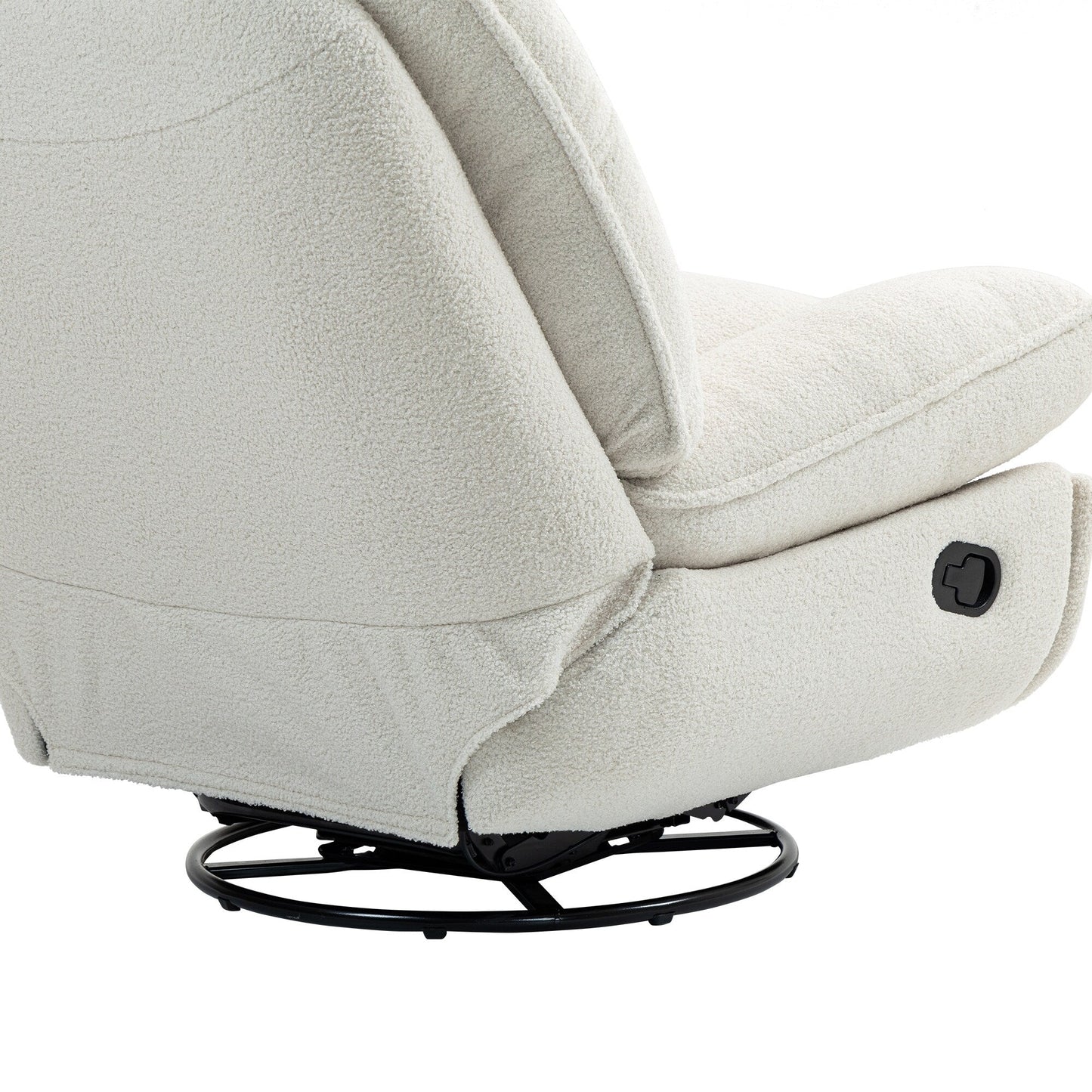 Poltrona reclinabile manuale girevole a 360° con poggiapiedi esteso e schienale imbottito in ciniglia beige di grandi dimensioni