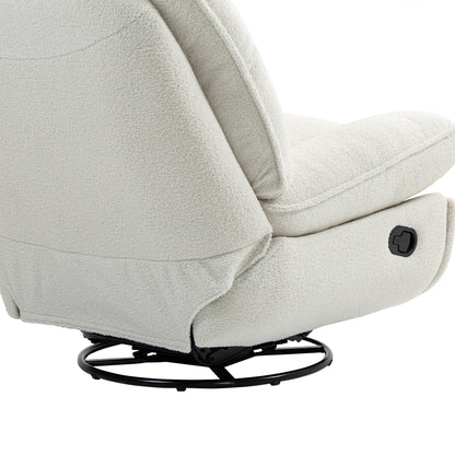 Poltrona reclinabile manuale girevole a 360° con poggiapiedi esteso e schienale imbottito in ciniglia beige di grandi dimensioni