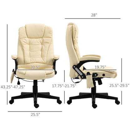 Poltrona reclinabile da ufficio con schienale alto girevole a 360° in pelle PU beige, massaggio vibrante, riscaldamento lombare e altezza regolabile