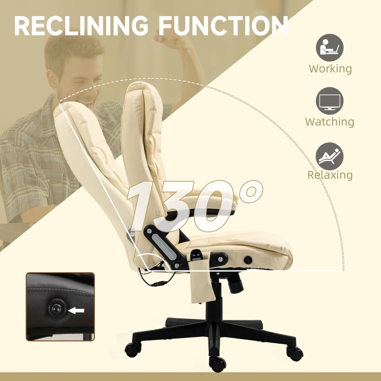 Poltrona reclinabile da ufficio con schienale alto girevole a 360° in pelle PU beige, massaggio vibrante, riscaldamento lombare e altezza regolabile