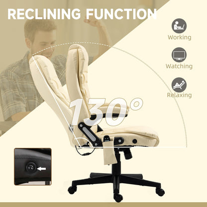 Poltrona reclinabile da ufficio con schienale alto girevole a 360° in pelle PU beige, massaggio vibrante, riscaldamento lombare e altezza regolabile