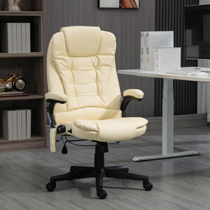 Poltrona reclinabile da ufficio con schienale alto girevole a 360° in pelle PU beige, massaggio vibrante, riscaldamento lombare e altezza regolabile