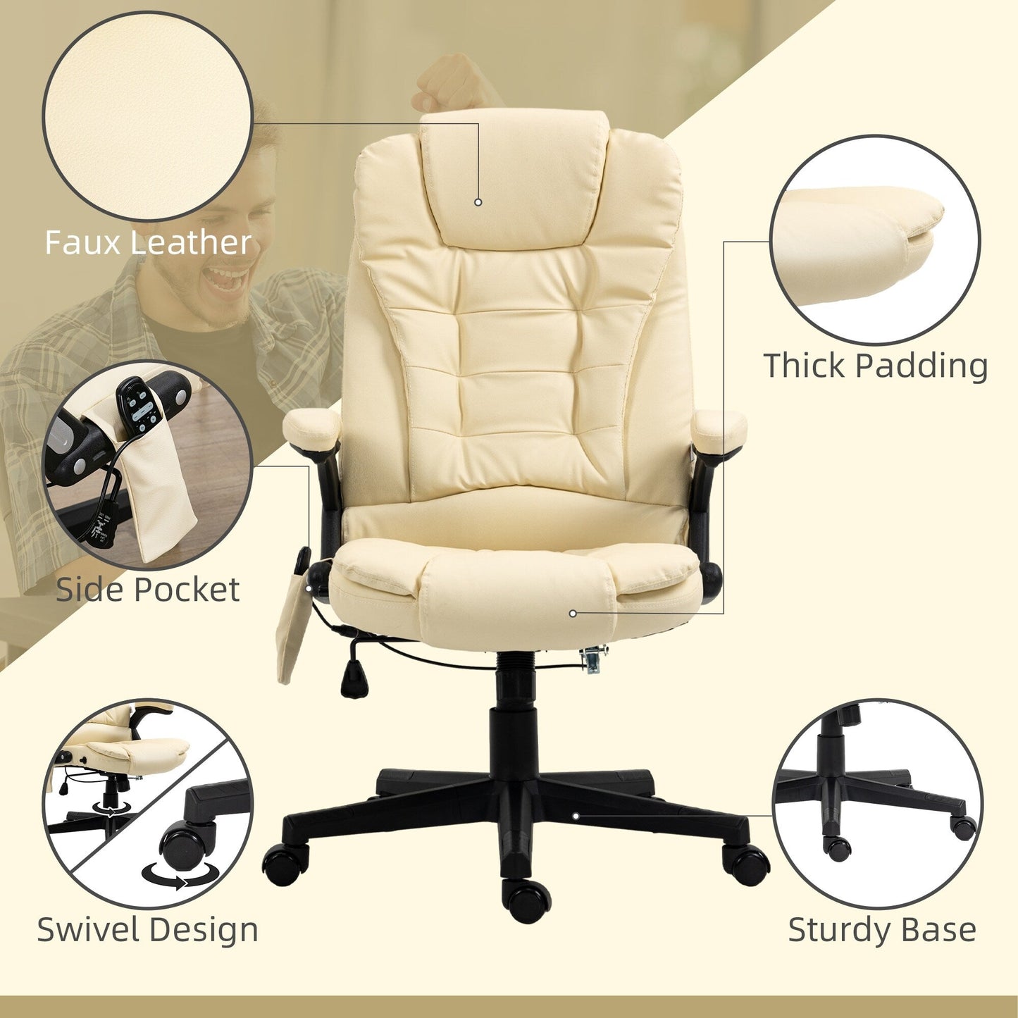 Poltrona reclinabile da ufficio con schienale alto girevole a 360° in pelle PU beige, massaggio vibrante, riscaldamento lombare e altezza regolabile