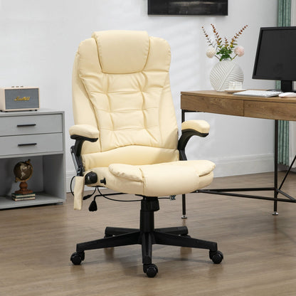 Poltrona reclinabile da ufficio con schienale alto girevole a 360° in pelle PU beige, massaggio vibrante, riscaldamento lombare e altezza regolabile