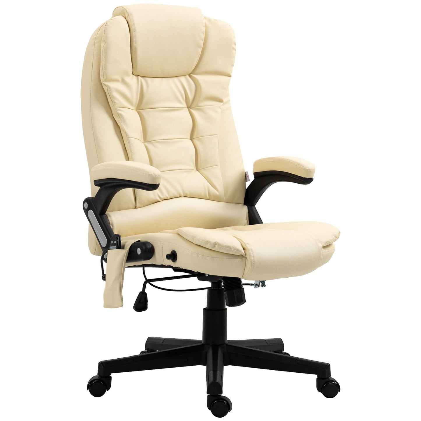 Poltrona reclinabile da ufficio con schienale alto girevole a 360° in pelle PU beige, massaggio vibrante, riscaldamento lombare e altezza regolabile