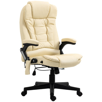 Poltrona reclinabile da ufficio con schienale alto girevole a 360° in pelle PU beige, massaggio vibrante, riscaldamento lombare e altezza regolabile
