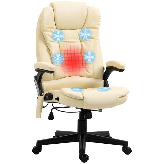 Poltrona reclinabile da ufficio con schienale alto girevole a 360° in pelle PU beige, massaggio vibrante, riscaldamento lombare e altezza regolabile