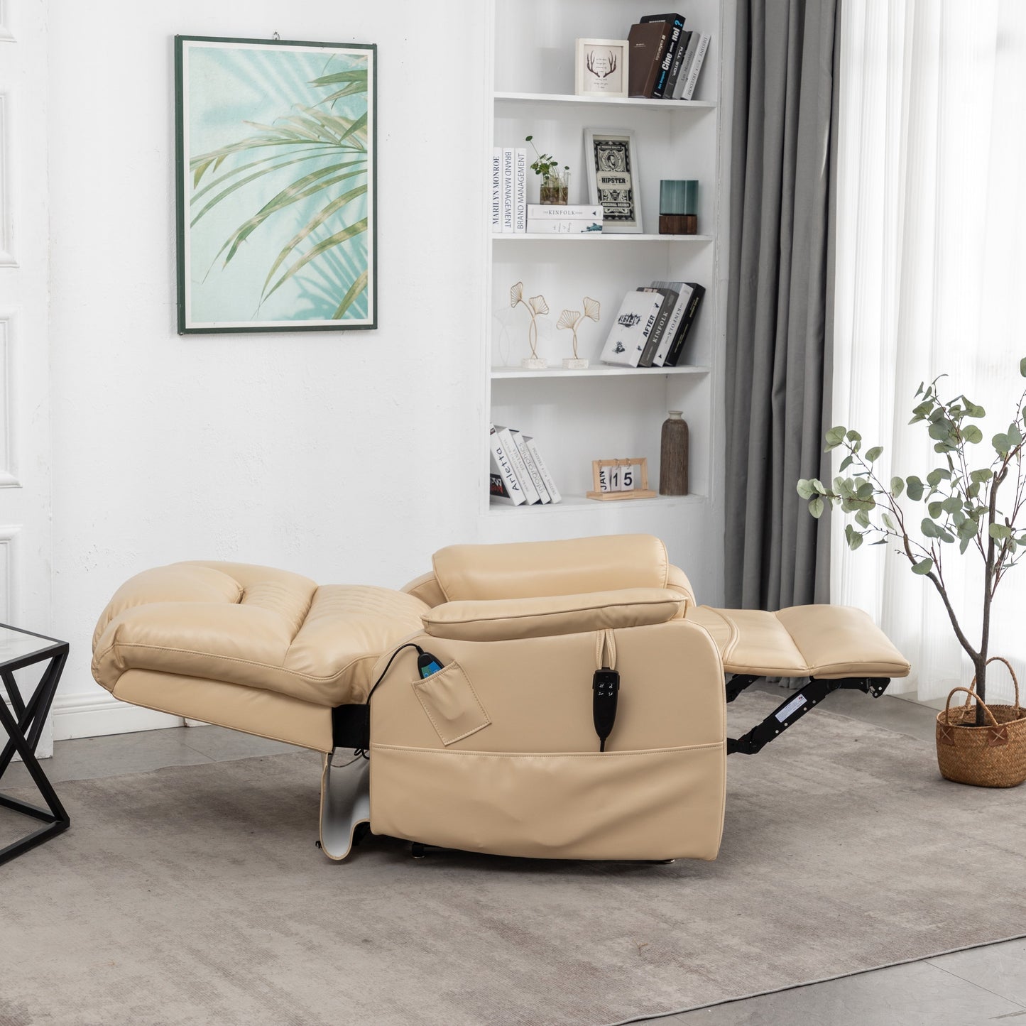 Poltrona reclinabile elettrica in pelle PU beige, massaggio, posizione piatta