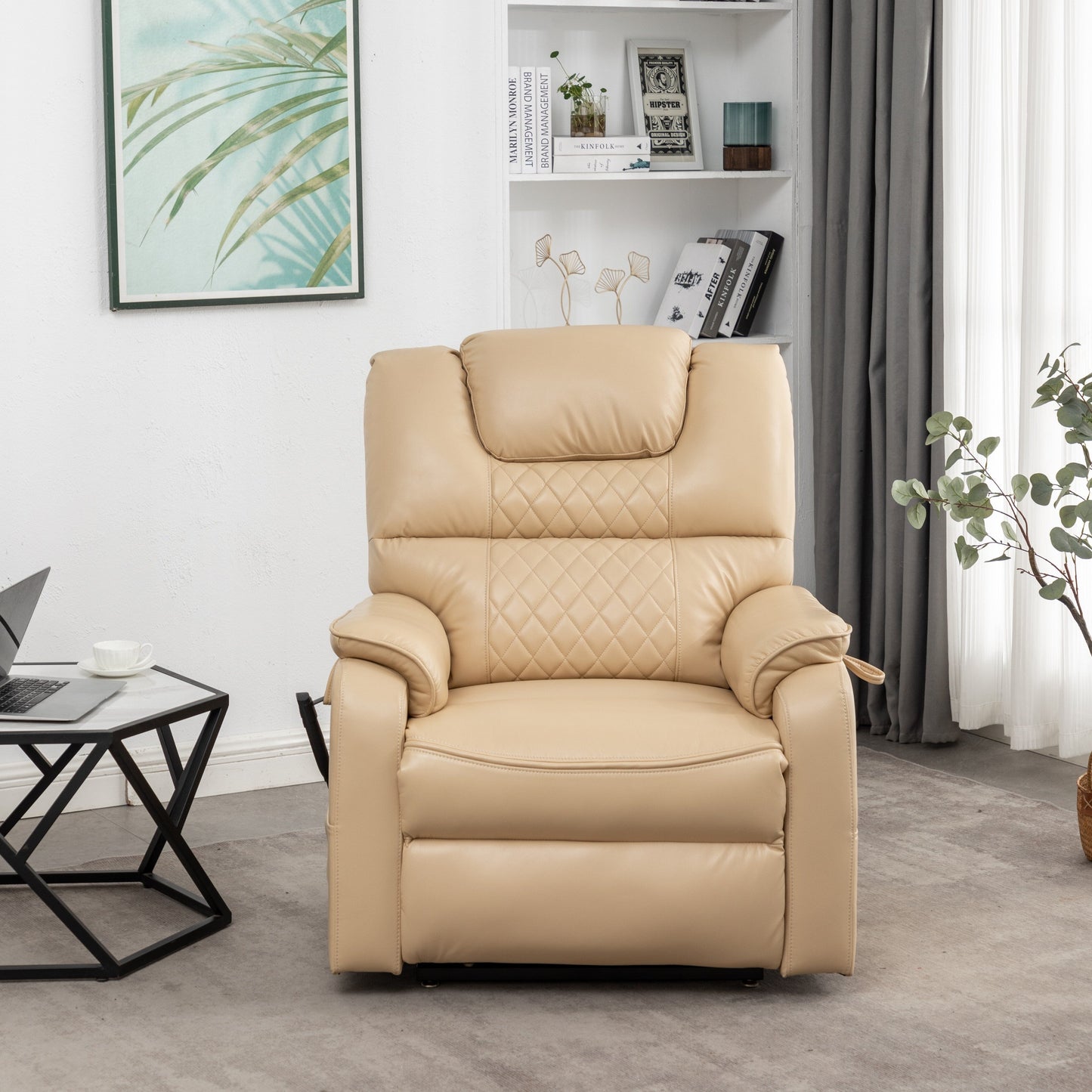 Poltrona reclinabile elettrica in pelle PU beige, massaggio, posizione piatta