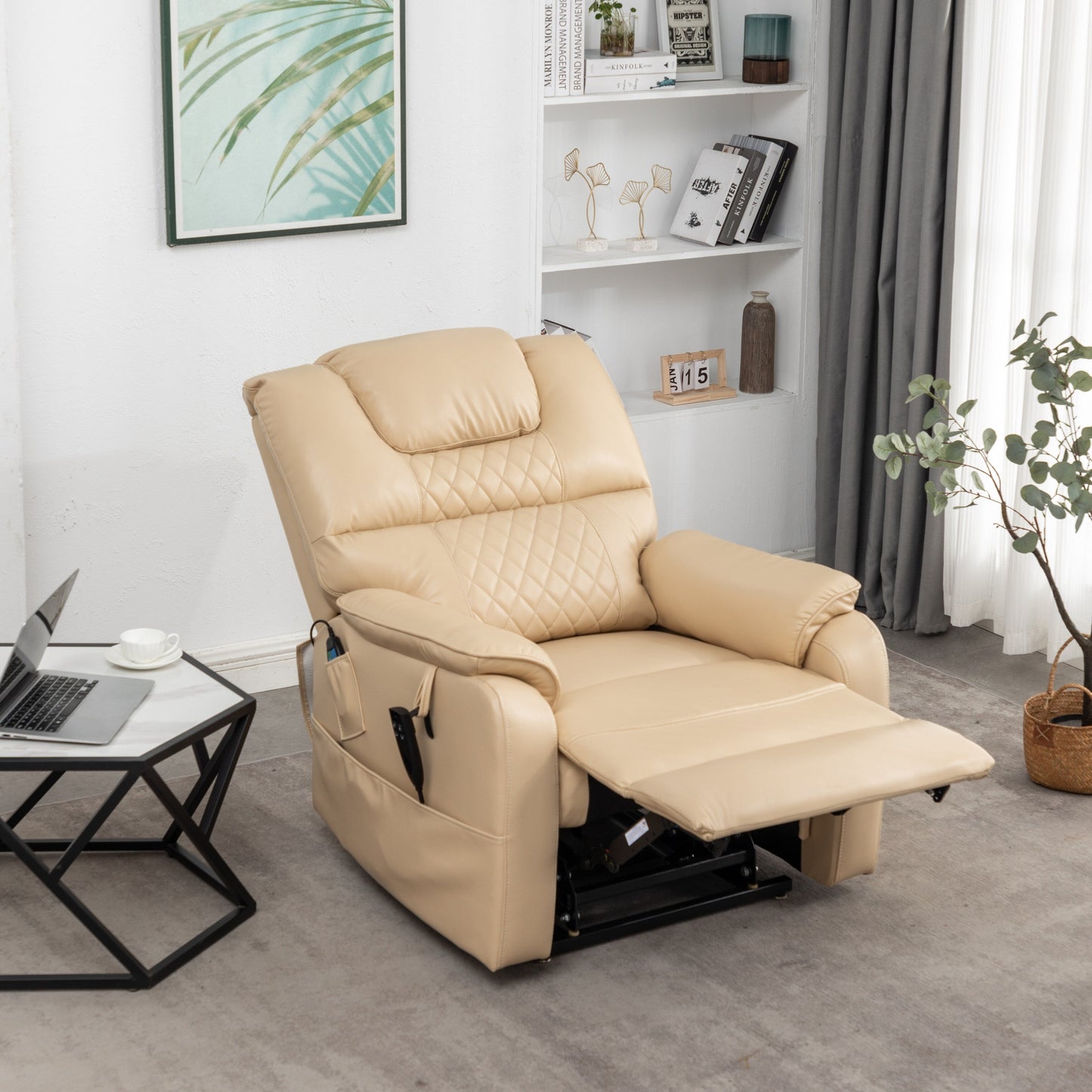 Poltrona reclinabile elettrica in pelle PU beige, massaggio, posizione piatta