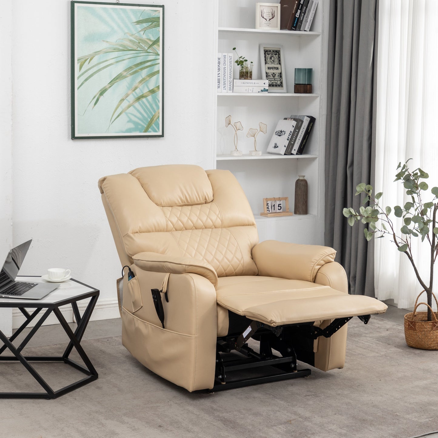 Poltrona reclinabile elettrica in pelle PU beige, massaggio, posizione piatta