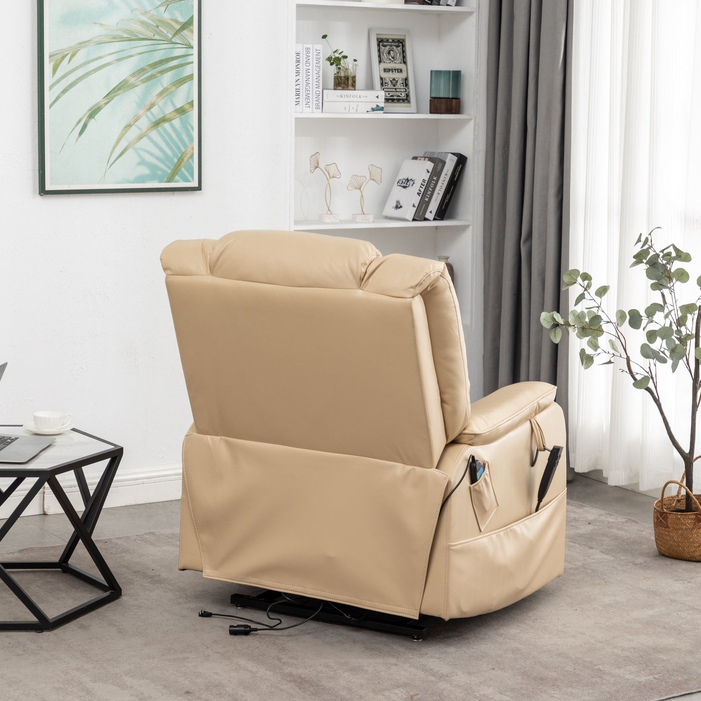 Poltrona reclinabile elettrica in pelle PU beige, massaggio, posizione piatta