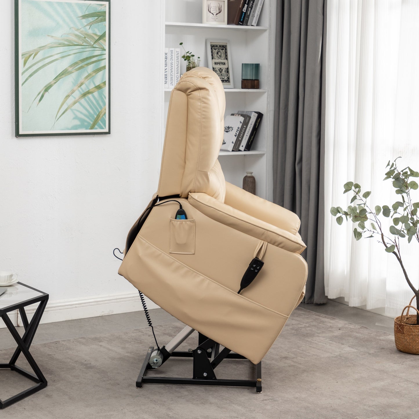 Poltrona reclinabile elettrica in pelle PU beige, massaggio, posizione piatta