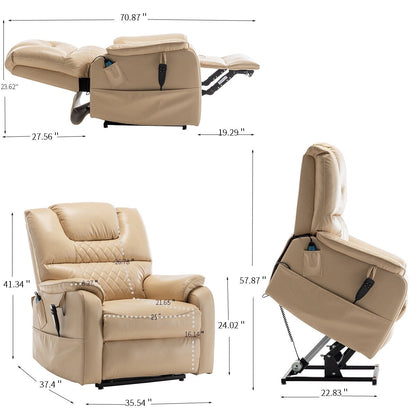 Poltrona reclinabile elettrica in pelle PU beige, massaggio, posizione piatta