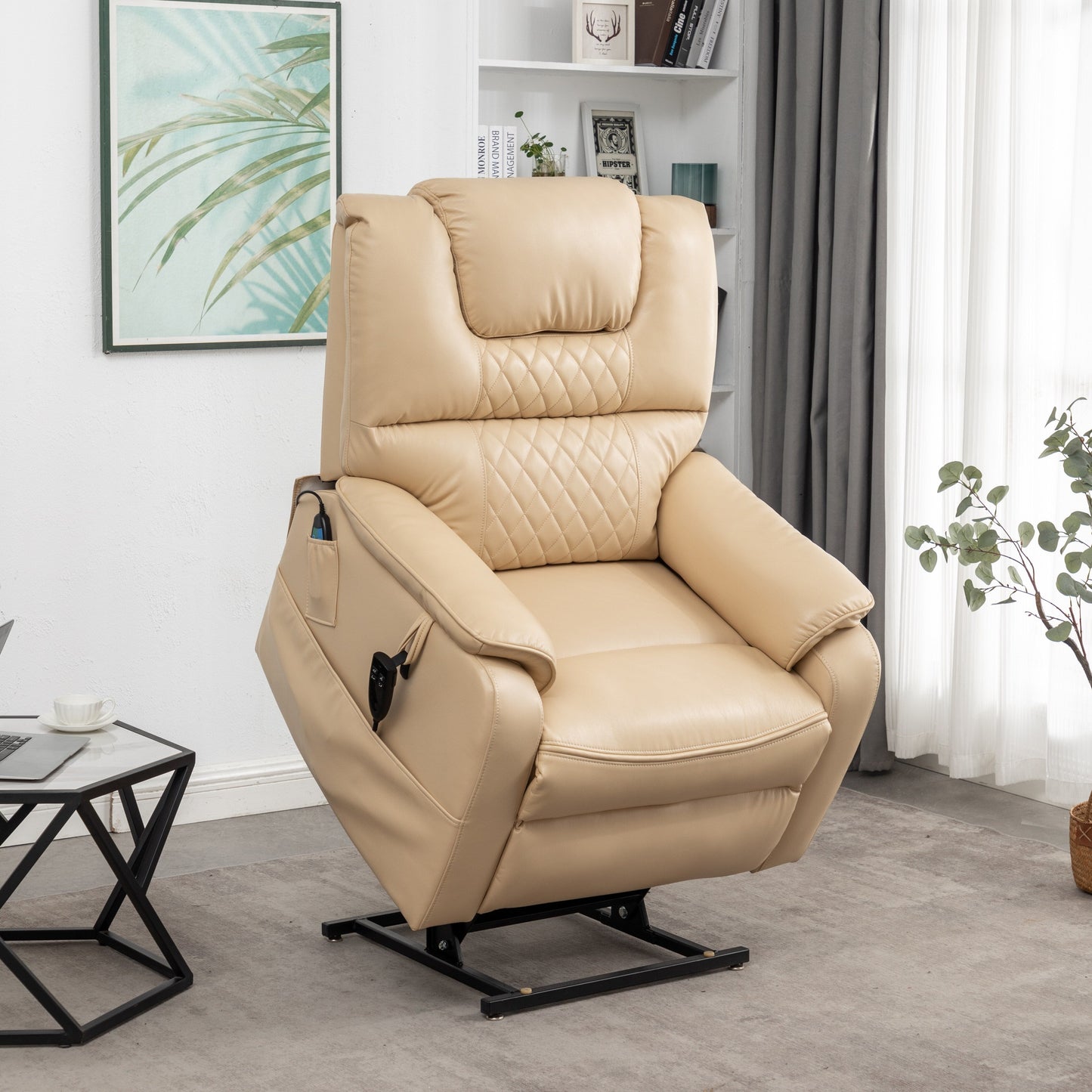 Poltrona reclinabile elettrica in pelle PU beige, massaggio, posizione piatta