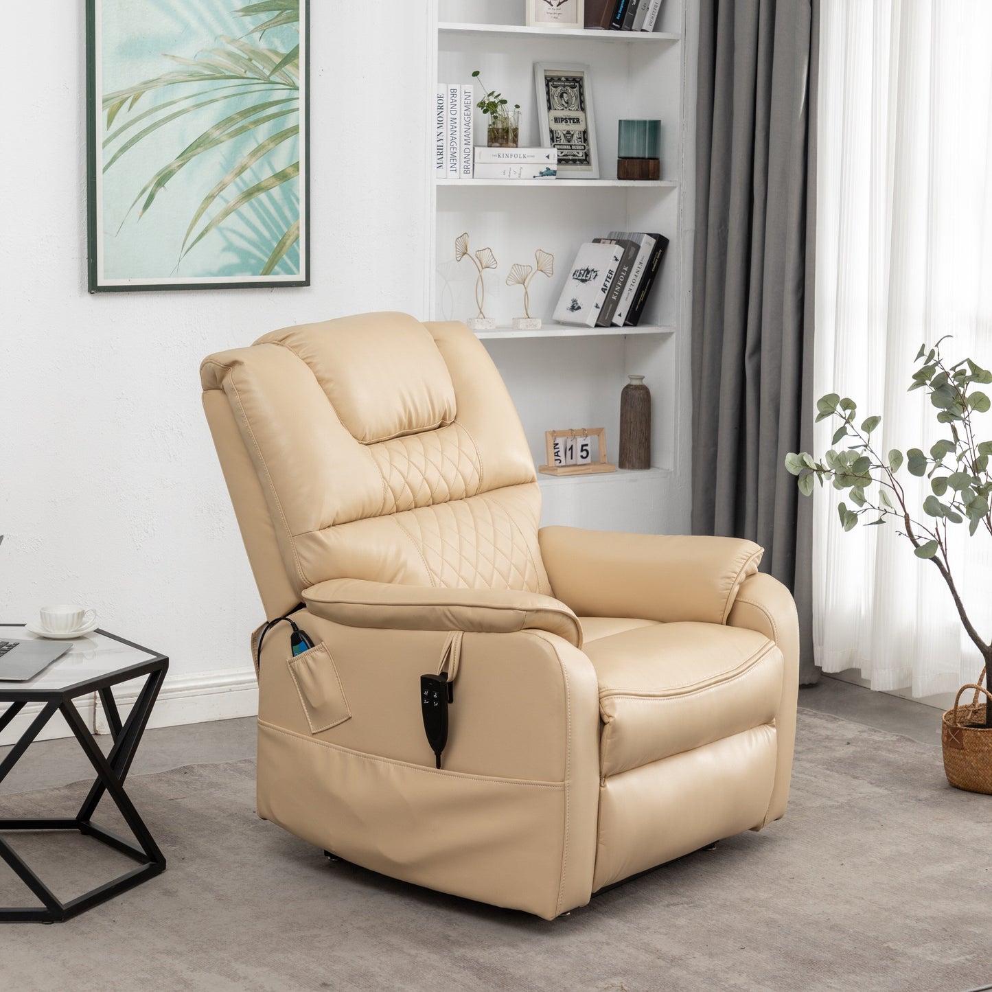 Poltrona reclinabile elettrica in pelle PU beige, massaggio, posizione piatta
