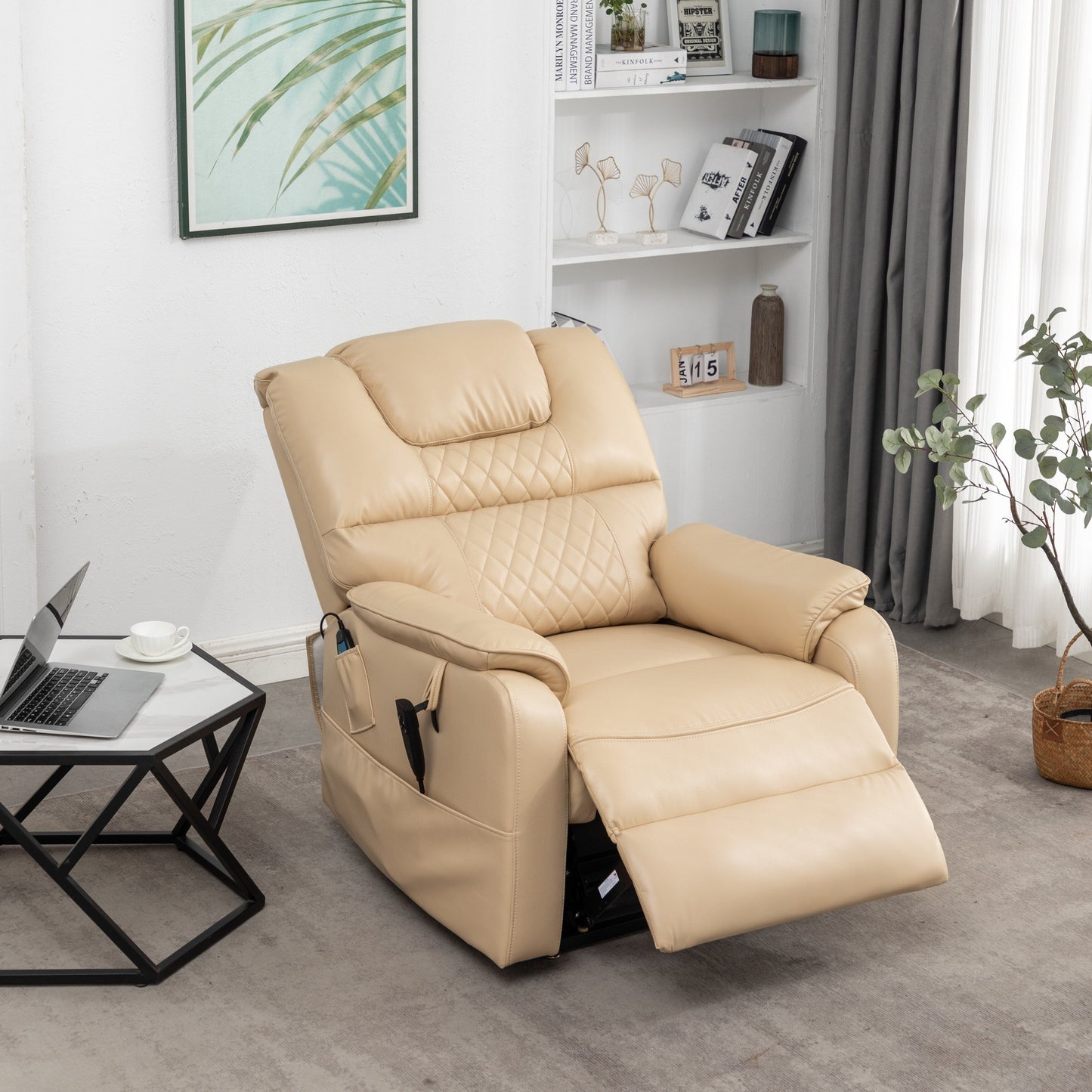 Poltrona reclinabile elettrica in pelle PU beige, massaggio, posizione piatta